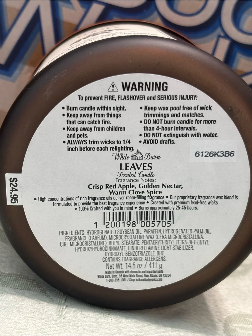 Bath & Body Works White Barn Leaves Three Wick Scented Candle